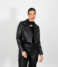 Women's Cropped Biker Style Leather Jacket - Black
