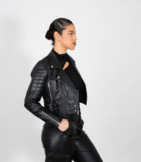 Women's Cropped Biker Style Leather Jacket - Black