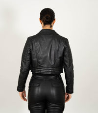 Women's Cropped Biker Style Leather Jacket - Black
