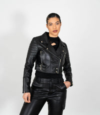Women's Cropped Biker Style Leather Jacket - Black