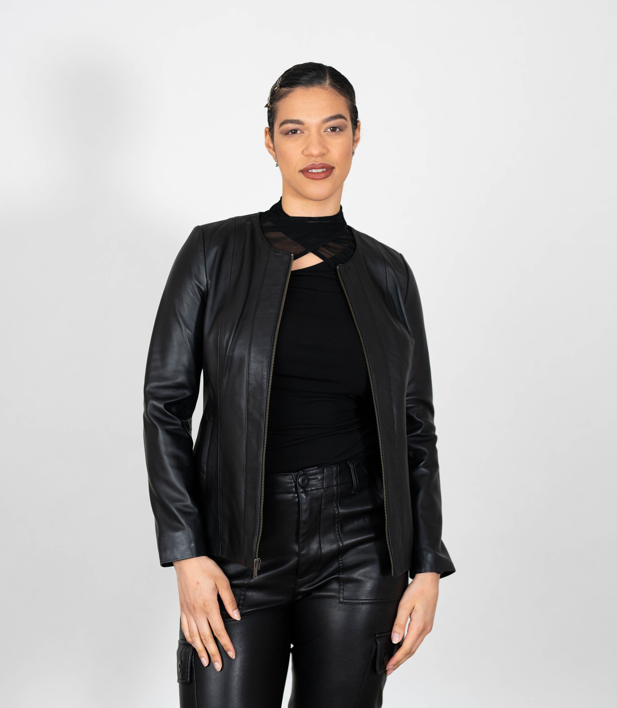 Women's Collarless Classic Leather Jacket - Black