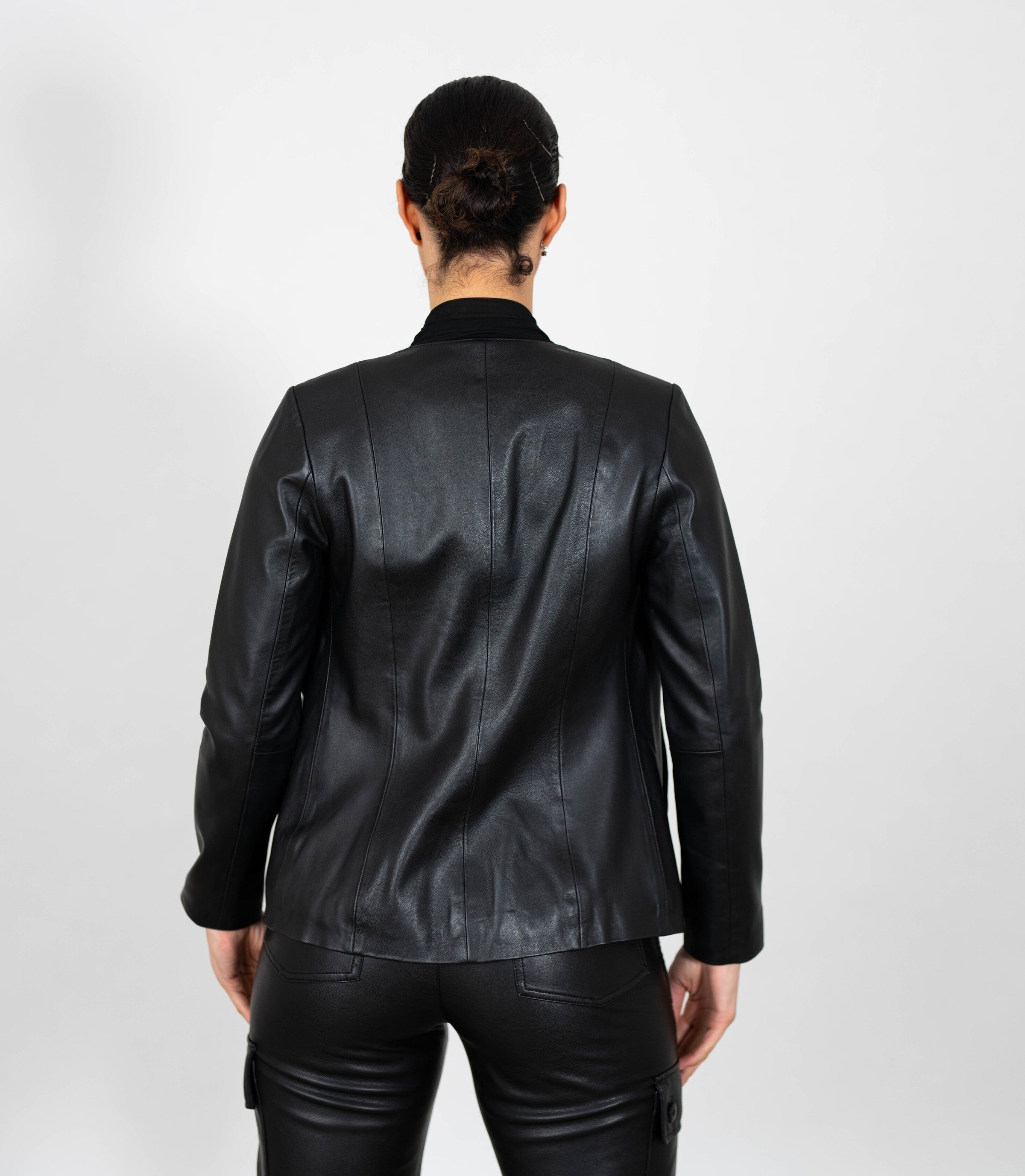Women's Collarless Classic Leather Jacket - Black