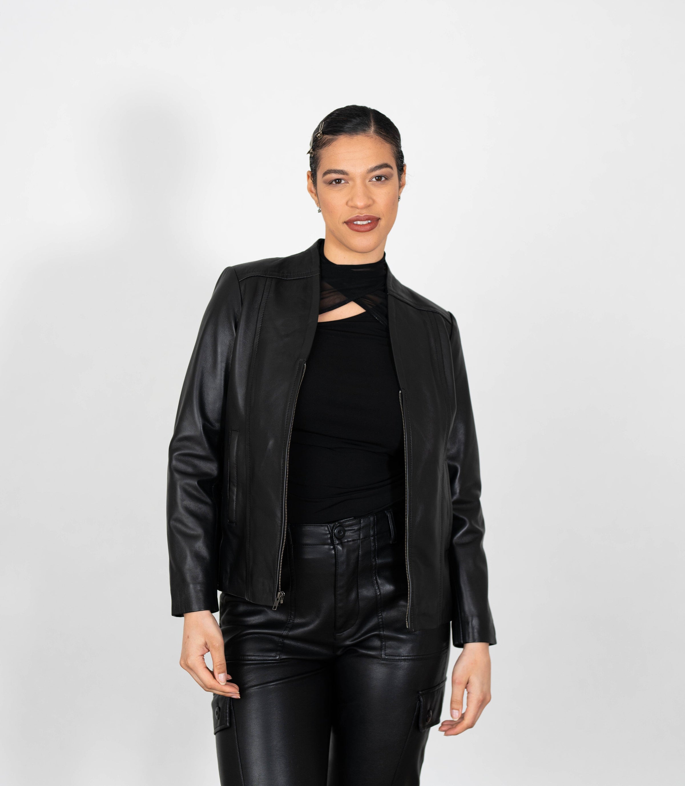 Women's Classic Zip Up V-Neck Leather Jacket - Black