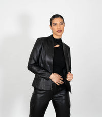Women's Classic Zip Up V-Neck Leather Jacket - Black