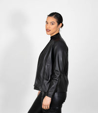 Women's Classic Zip Up V-Neck Leather Jacket - Black