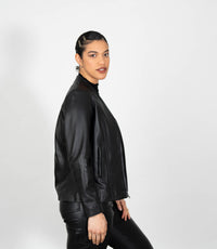 Women's Classic Zip Up V-Neck Leather Jacket - Black