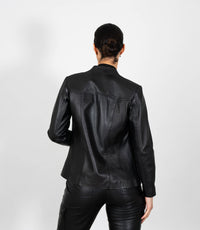 Women's Classic Zip Up V-Neck Leather Jacket - Black