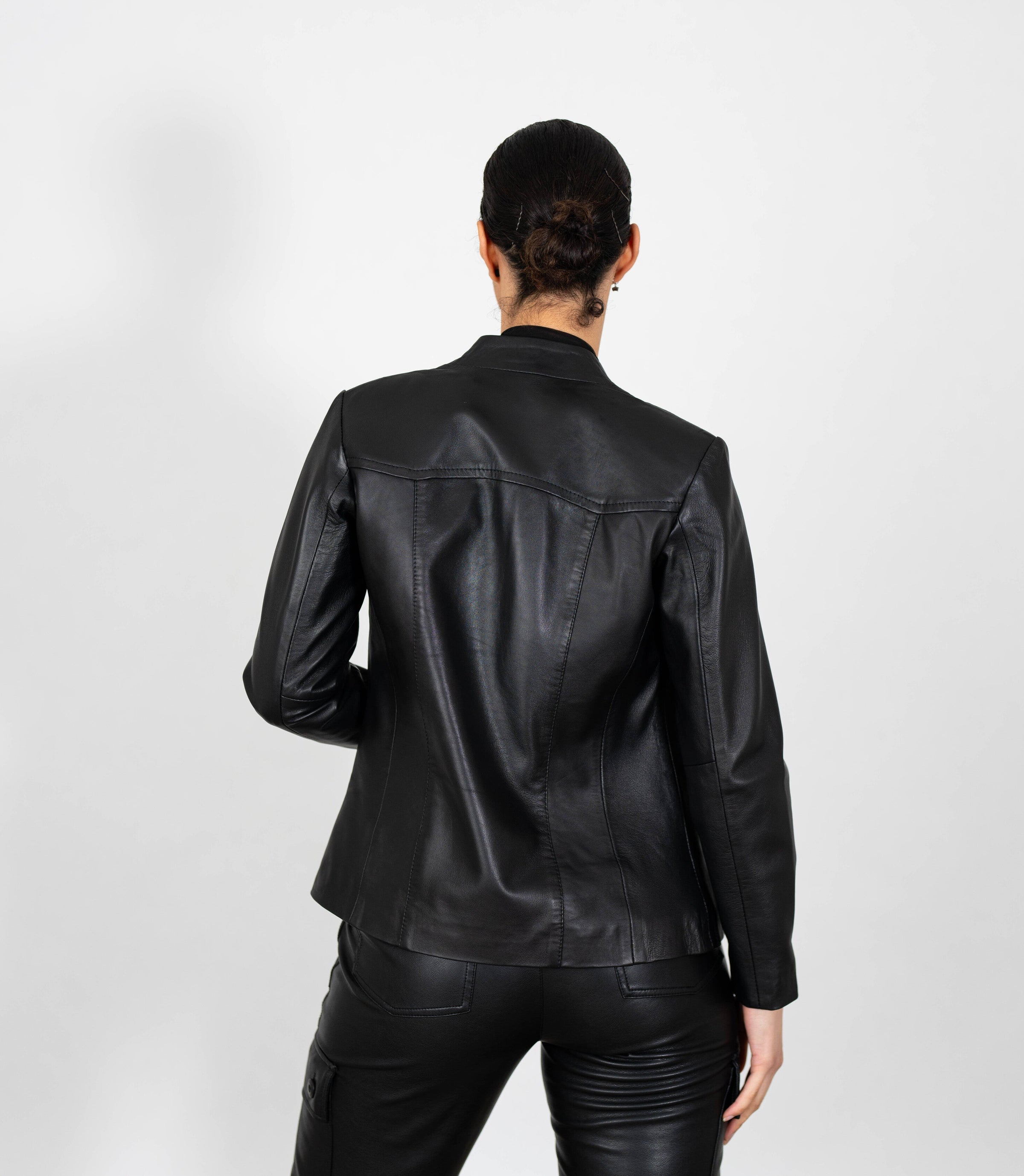 Women's Classic Zip Up V-Neck Leather Jacket - Black