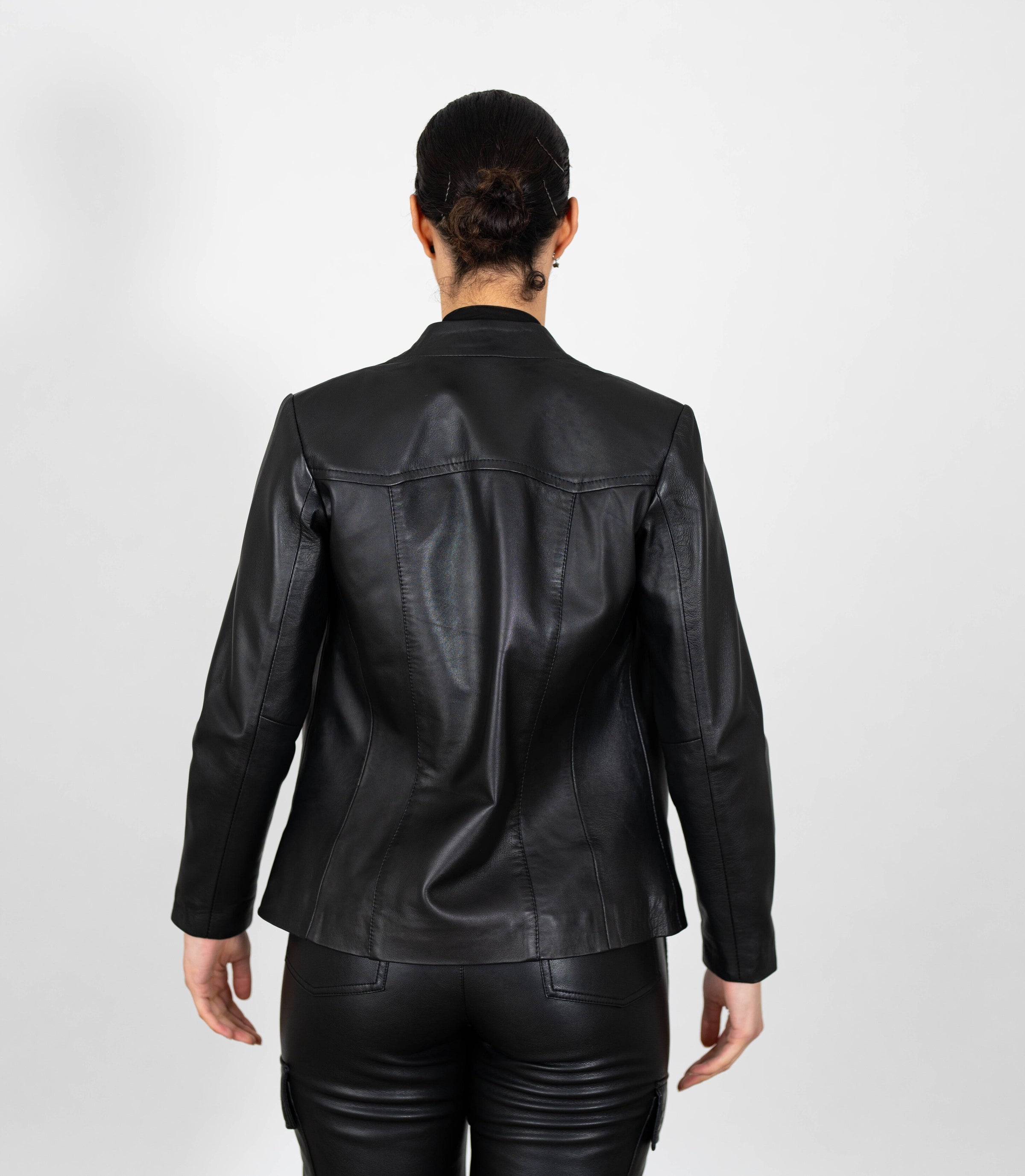 Women's Classic Zip Up V-Neck Leather Jacket - Black
