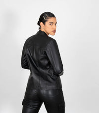 Women's Classic Zip Up V-Neck Leather Jacket - Black
