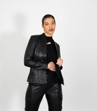 Women's Classic Zip Up V-Neck Leather Jacket - Black