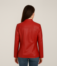 Women's Classic Zip Up V-Neck Leather Jacket - Red