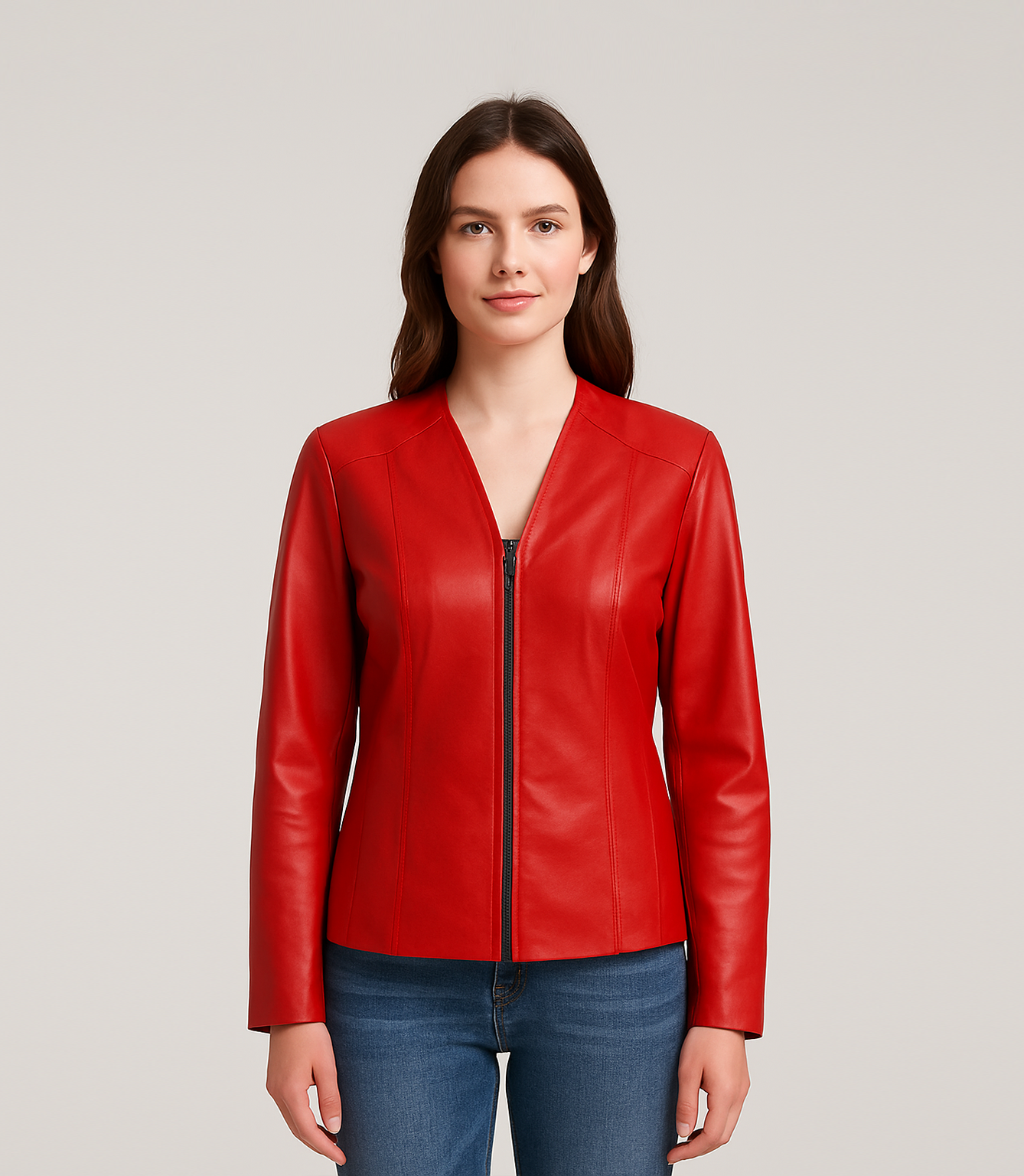Women's Classic Zip Up V-Neck Leather Jacket - Red