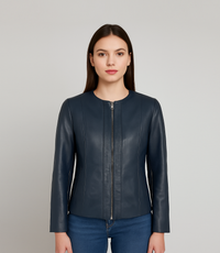 Women's Collarless Classic Leather Jacket - Navy Blue
