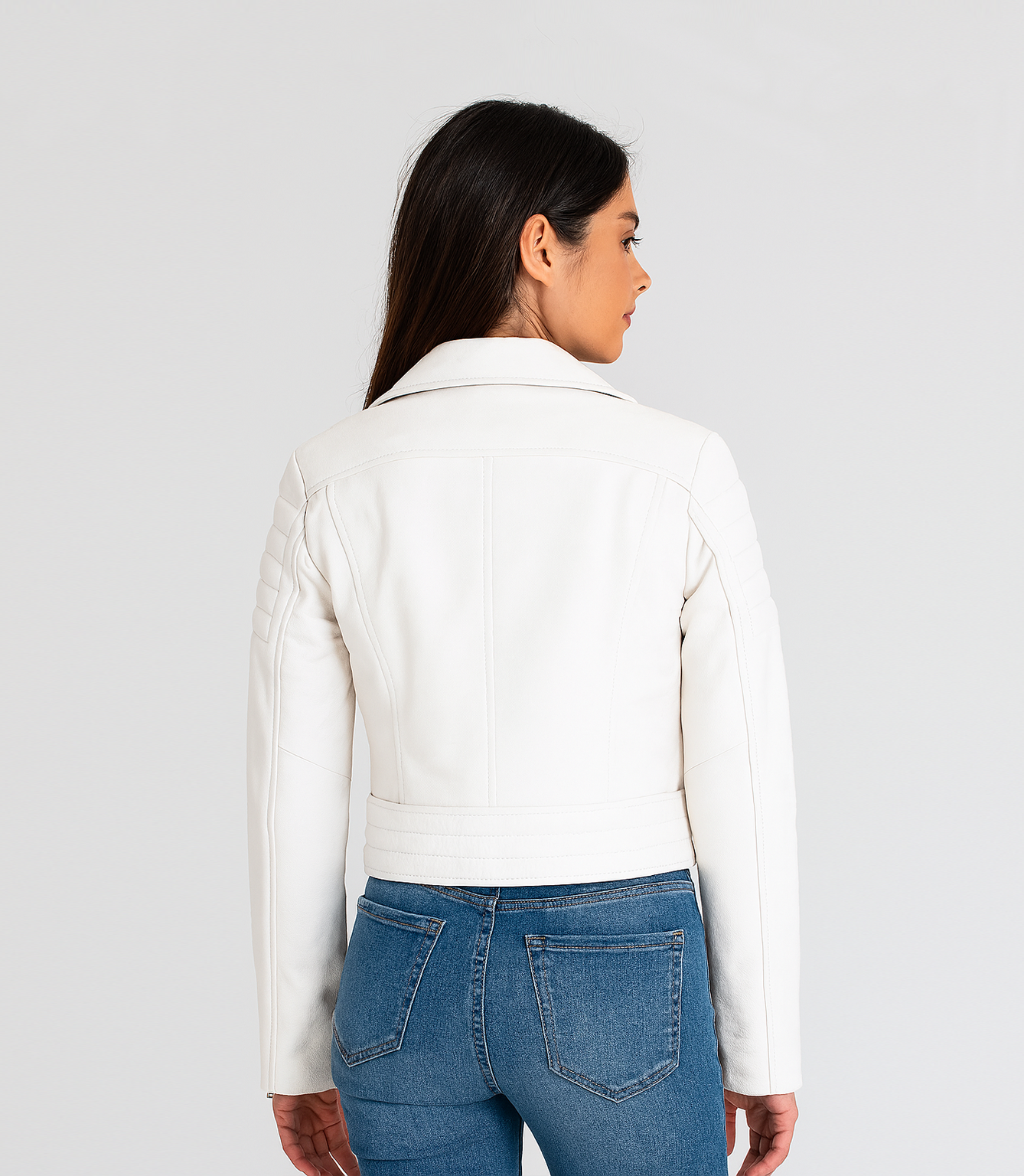Women's Cropped Biker Style Leather Jacket - White