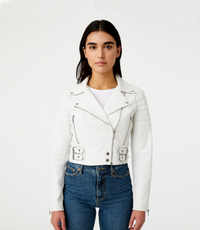 Women's Cropped Biker Style Leather Jacket - White