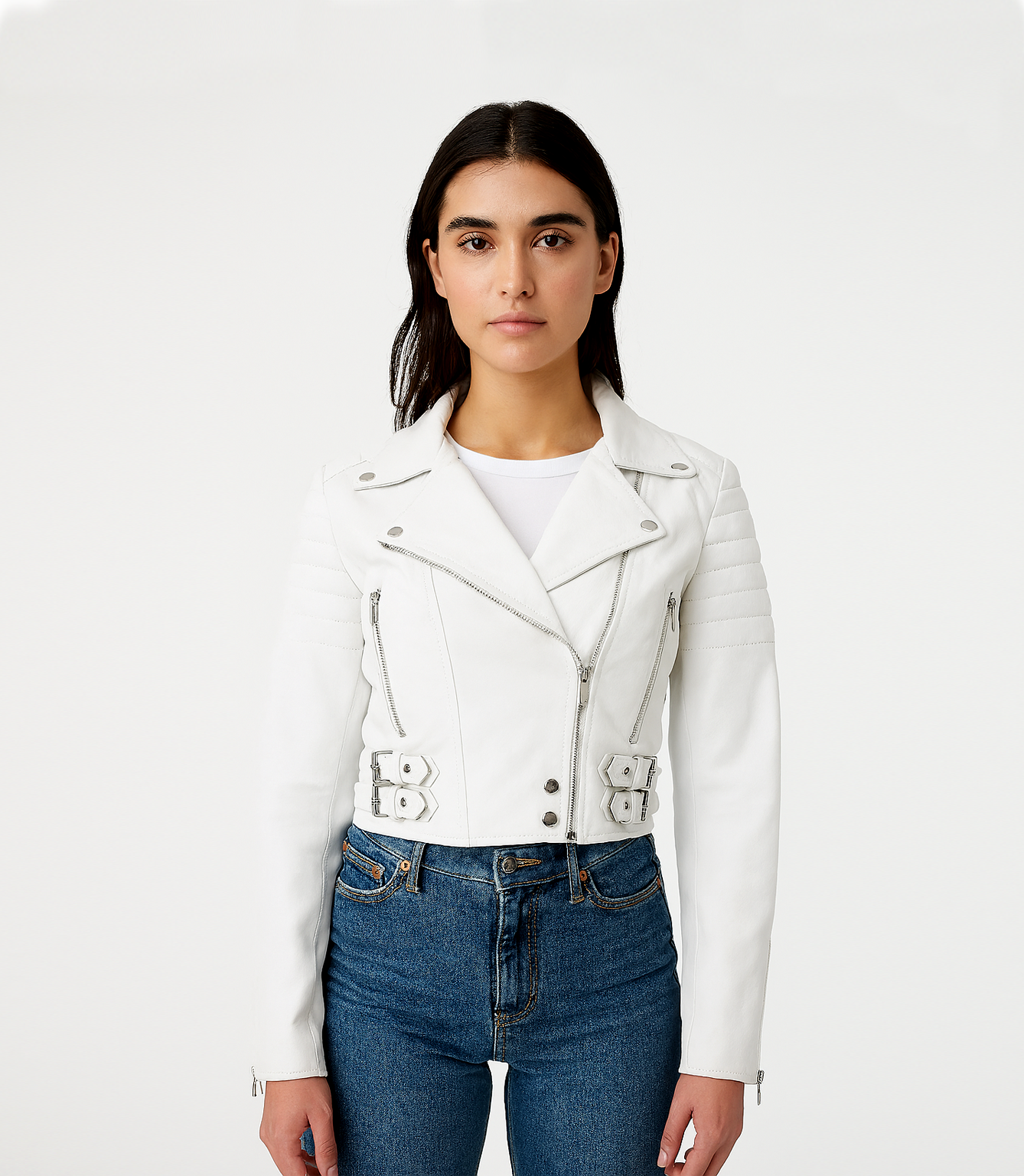 Women's Cropped Biker Style Leather Jacket - White